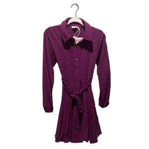 Hem & Thread Long Sleeve Collared Dress Tunic Purple S Button-Down